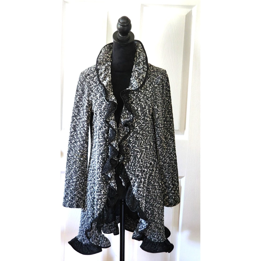 Joseph Ribkoff Jacket Lightweight Blk & Wht Tweed Ruffled Collar to Hem - Picture 12 of 15
